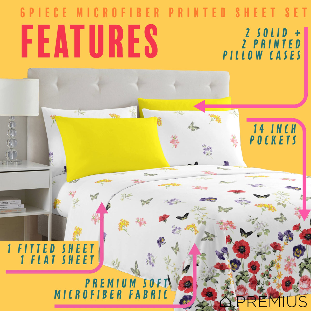 PREMIUS Butterfly Soft Wrinkle-Free Microfiber Sheet Set, White-Multi, photo 9 of 28
