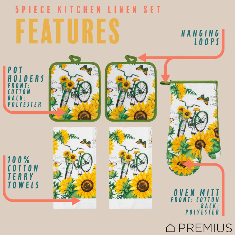PREMIUS 5 Piece Printed Kitchen Linen Set, 2 Cotton Towels, 2 Pot Holders, 1 Oven Mitt
