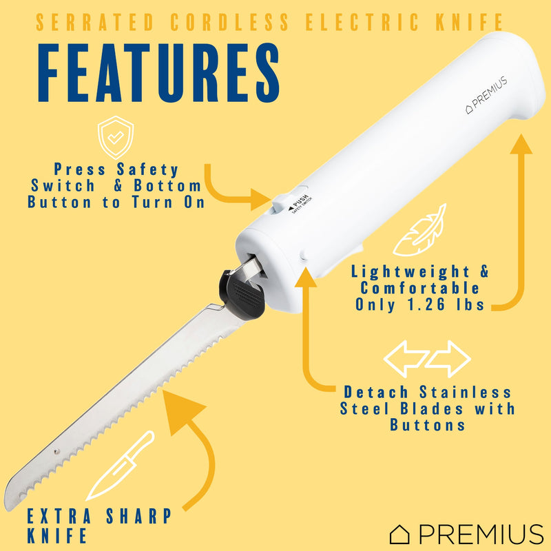 PREMIUS Professional Rechargeable Cordless Electric Knife, 1 Serrated Blade, White