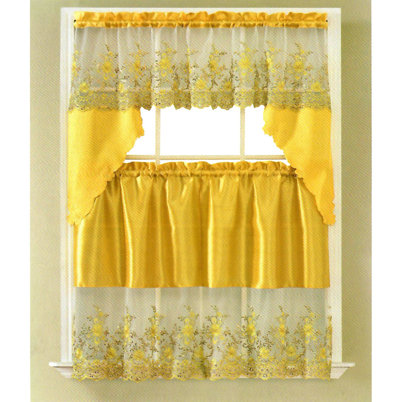 Irina Floral Sequins Kitchen Curtain Set, Swag Valance 60x36, 30x36 Inches