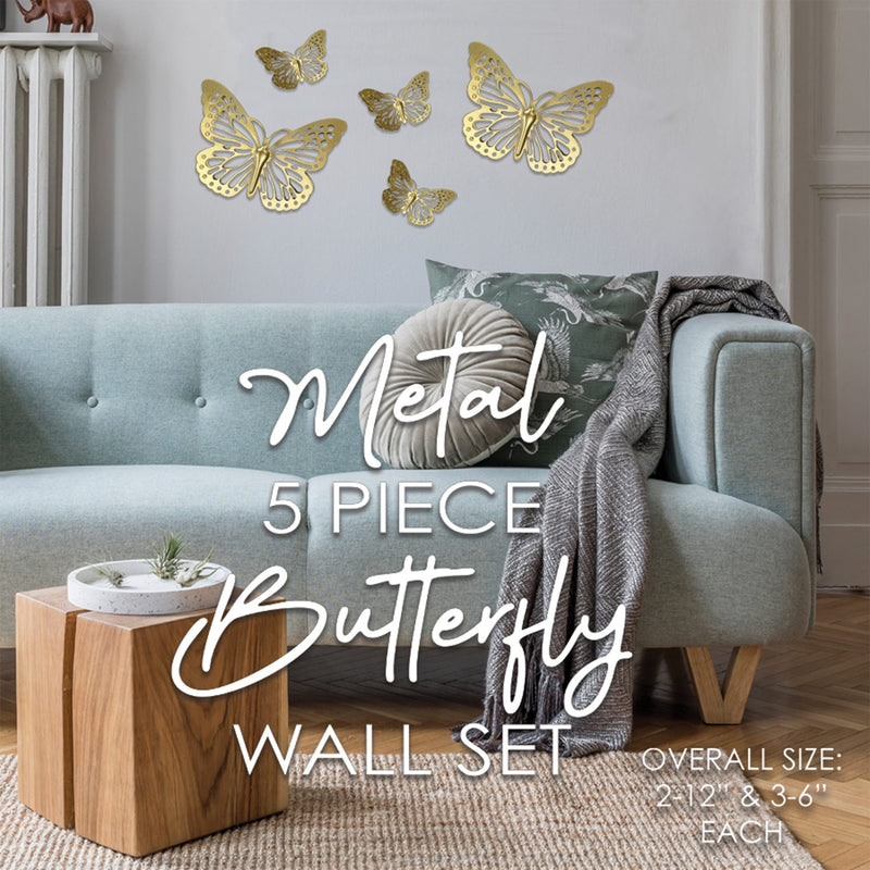 PREMIUS 5 Piece Metal Butterfly Wall Decor Set, White-Gold, (3) 6 Inches, (2) 12 Inches