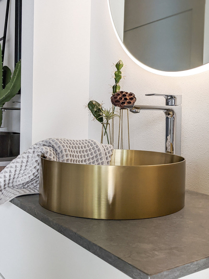 Zeek 14” Gold Round Vessel Bathroom Sink Stainless Steel PVD Nano Tech Coating ZN-G144