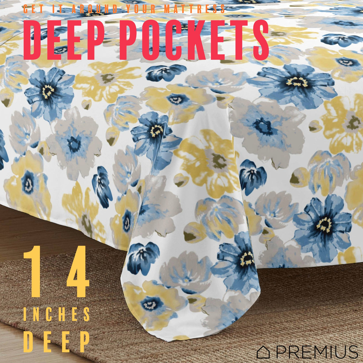 PREMIUS Eliana Soft Wrinkle-Free Microfiber Sheet Set, Blue-Yellow, photo 5 of 28