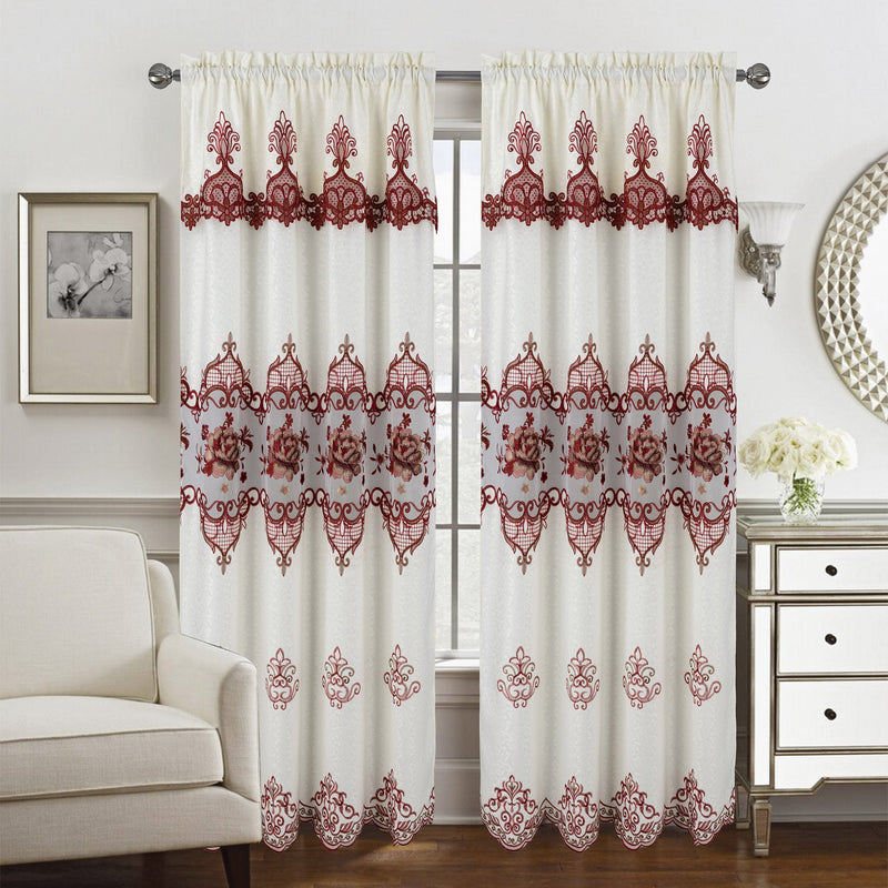 Caroline Floral Macramé Rod Pocket Window Panel With Attached Valance, 55x84 Inches