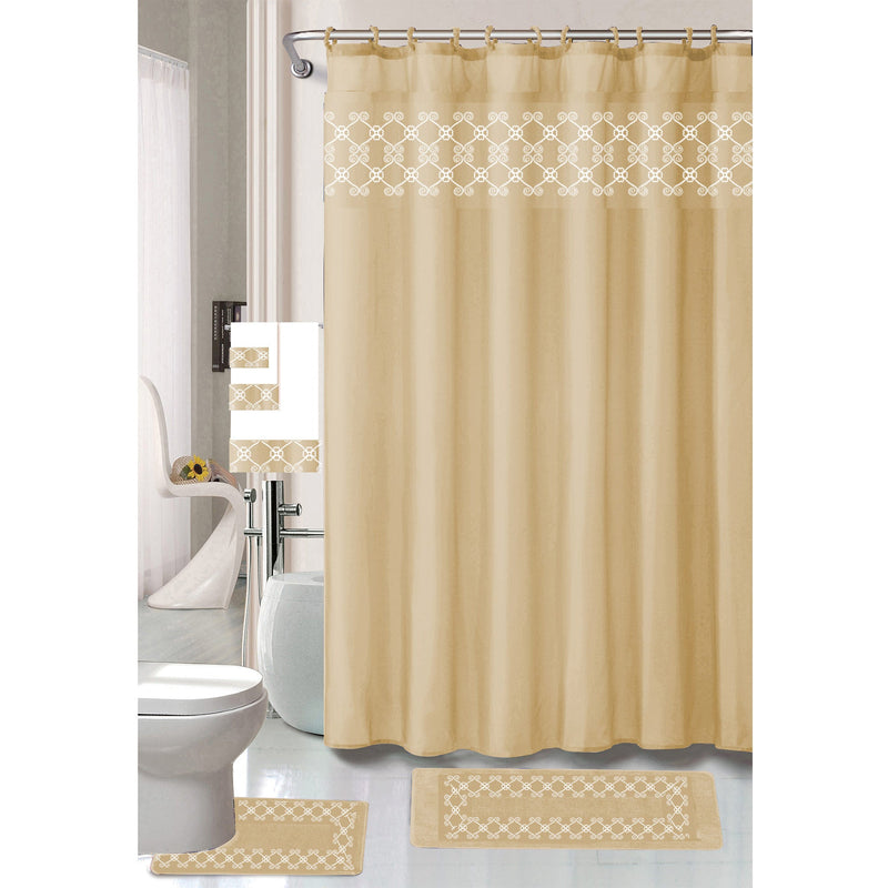 Tristan 18 Piece Shower Curtain with Embroidered Non-Slip Bath Rug and Towel Set