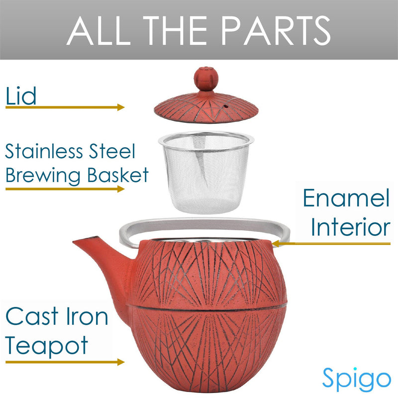 Spigo Hakone Cast Iron Enamel Teapot With Stainless Infuser, Red, 33 Ounces