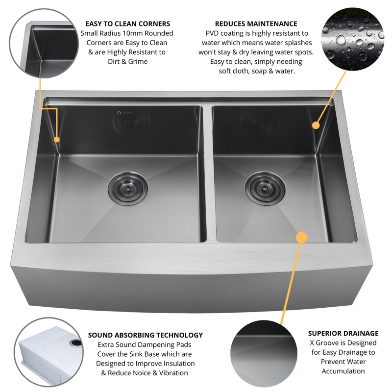 Zeek 33" Farmhouse Workstation 60/40 Bowl Gunmetal Matte Black Kitchen Sink With Accessories PVD Nano Tech Coating ENZO ZA-B642