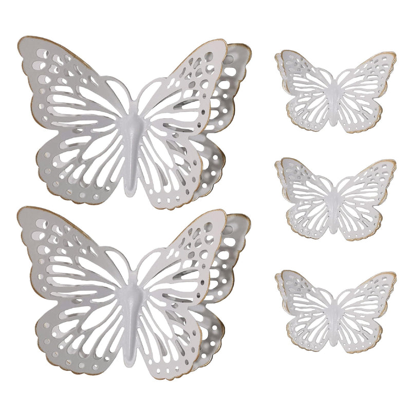 PREMIUS 5 Piece Metal Butterfly Wall Decor Set, White-Gold, (3) 6 Inches, (2) 12 Inches