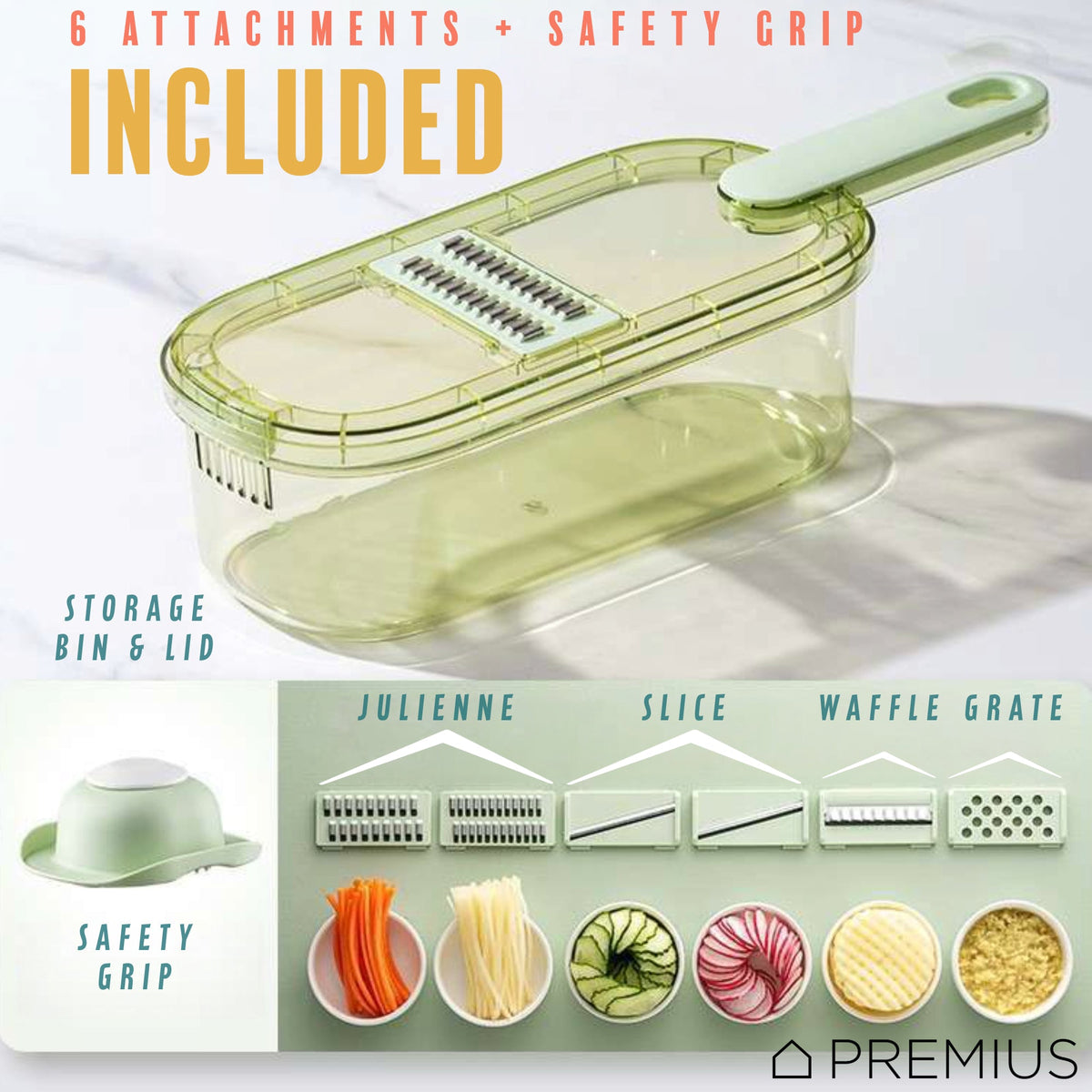 PREMIUS 6-In-1 Mandoline Slicer with Storage Bin and Handle, Green-Clear, 1.5 Quarts, photo 5 of 8