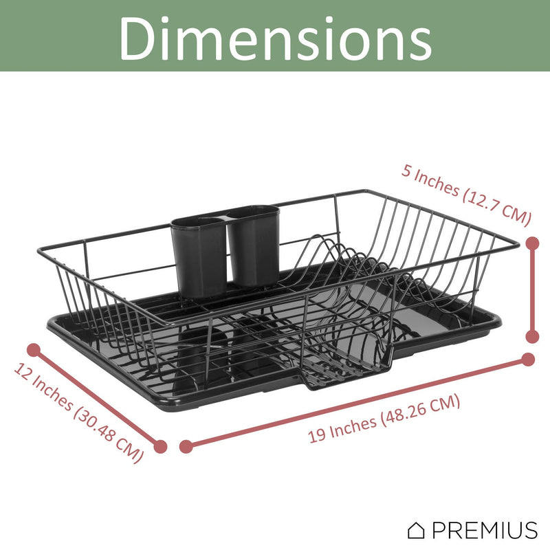 Premius 3-Piece Dish Drainer With Cutlery Holder, Black, 19x12x5 Inches