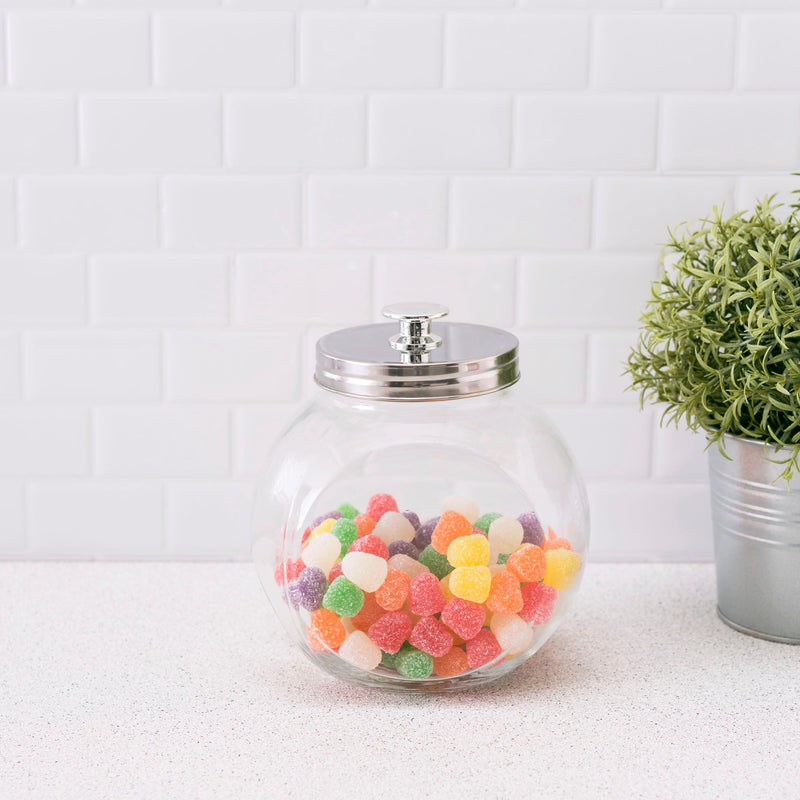 Home Basics Medium 57.48 oz. Round Glass Medium Candy Storage Jar with Stainless Steel Top, Clear