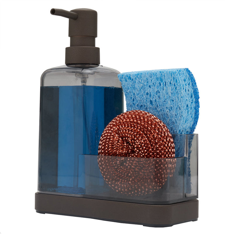 Home Basics Plastic Soap Dispenser with Sponge and Compartment, Bronze, 13.5 Ounces