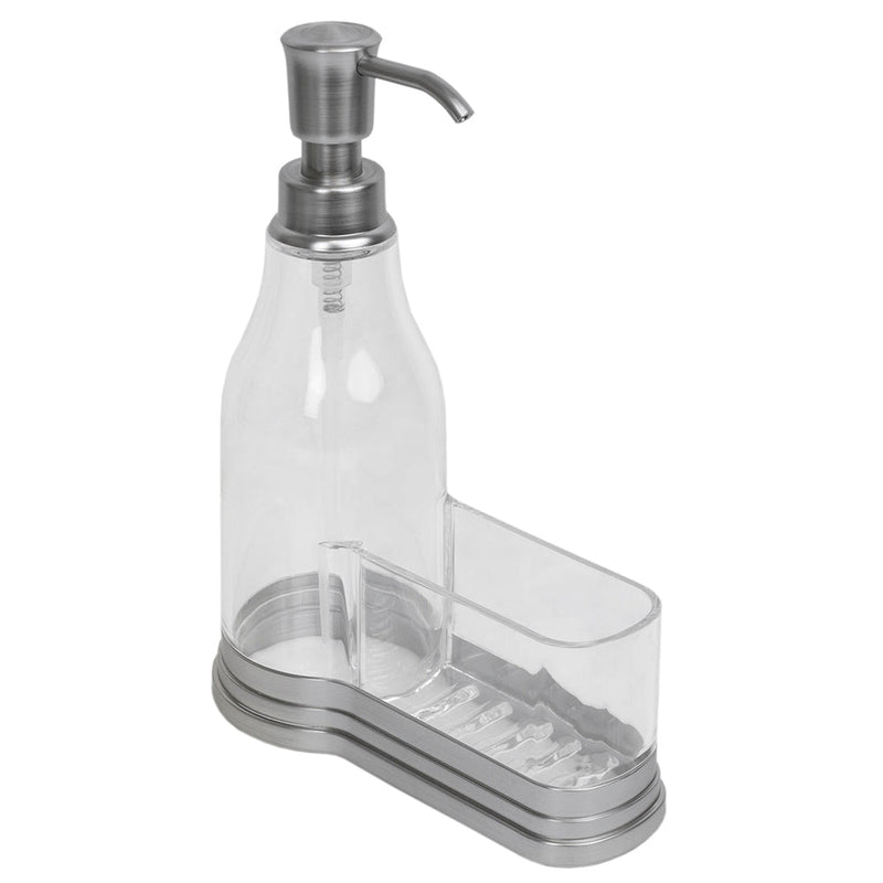 Home Basics Plastic Soap Dispenser with Brushed Steel Top and Sponge Holder, Satin Nickel