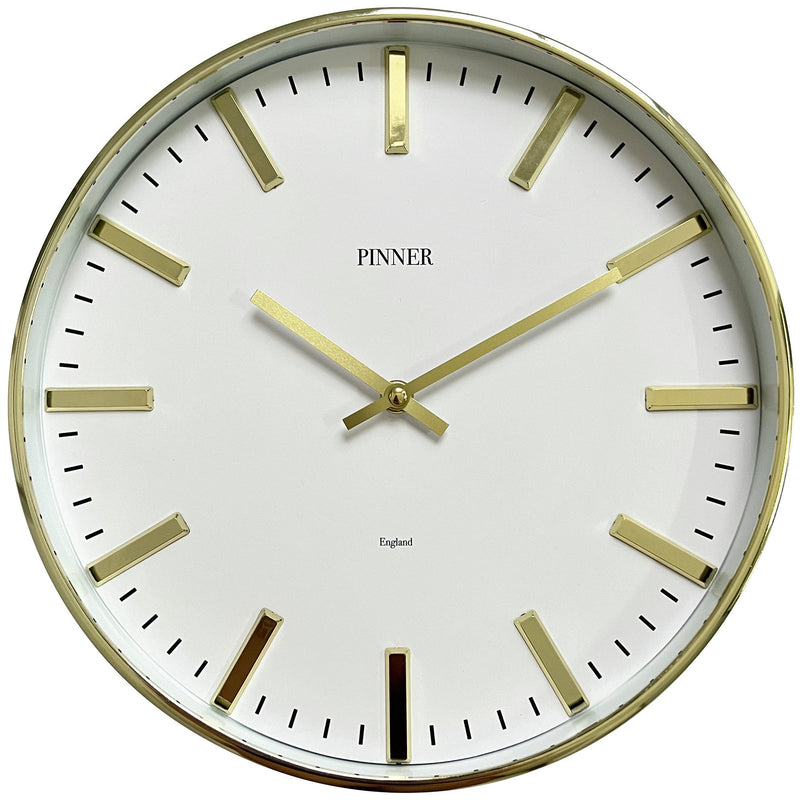 PREMIUS Round Glass Covered Modern Minimalist Clean Lines Wall Clock, Gold, 12 Inches