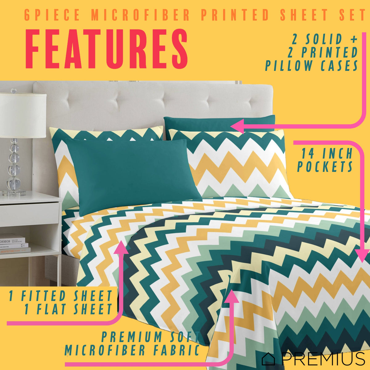 PREMIUS Montego Soft Wrinkle-Free Microfiber Sheet Set, Green-Yellow, photo 9 of 28