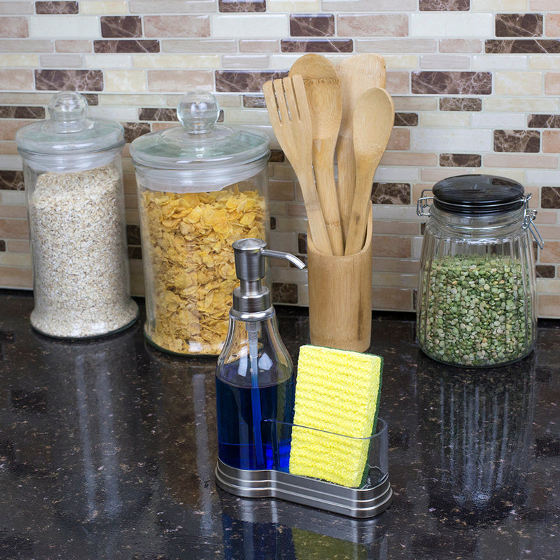 Home Basics Plastic Soap Dispenser with Brushed Steel Top and Sponge Holder, Satin Nickel