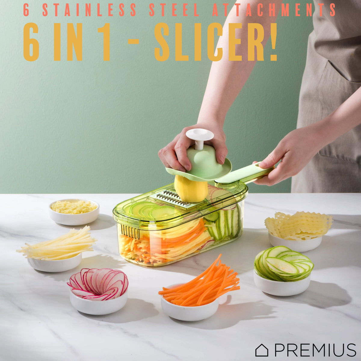 PREMIUS 6-In-1 Mandoline Slicer with Storage Bin and Handle, Green-Clear, 1.5 Quarts, photo 3 of 8