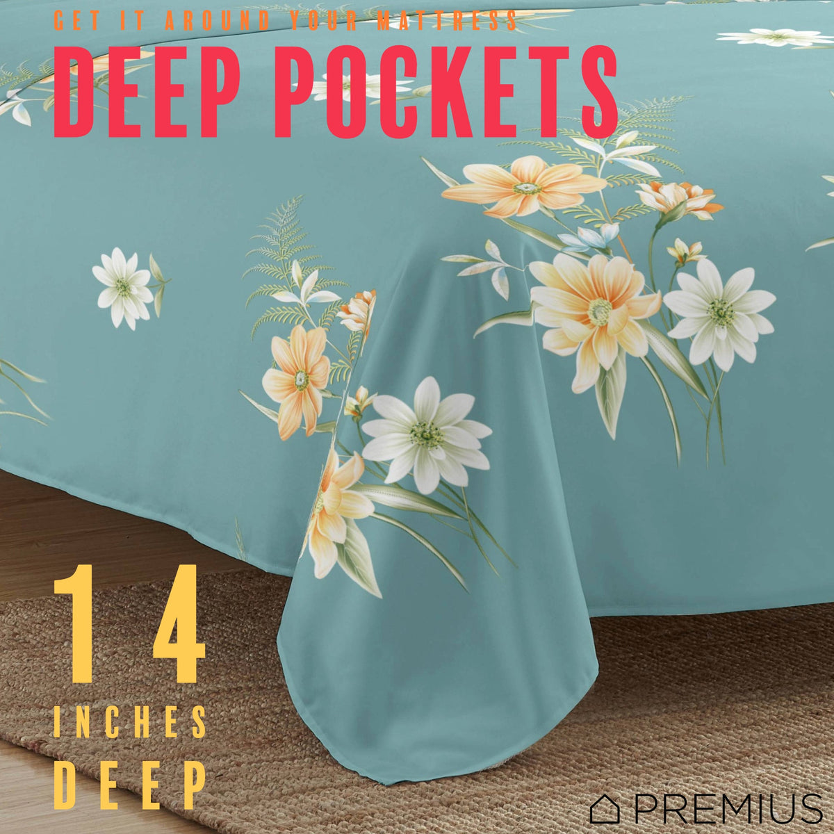 PREMIUS Lucea Soft Wrinkle-Free Microfiber Sheet Set, Soft Blue-Orange, photo 12 of 28