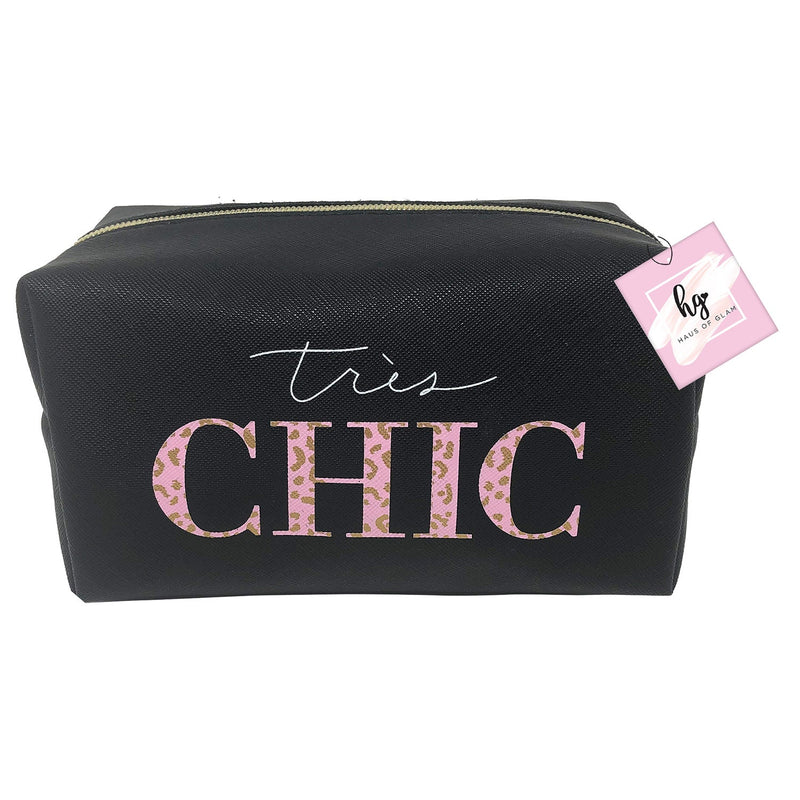 PREMIUS Cosmetic bag with Gold Metal Zipper, Black Tres Chic, 9x4x4 Inches