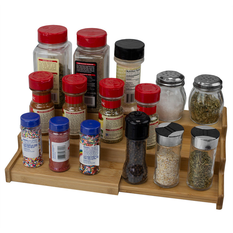 Home Basics Expandable 3 Tier Step Spice Rack Organizer, Natural, 8.25x8.75x3.25 Inches