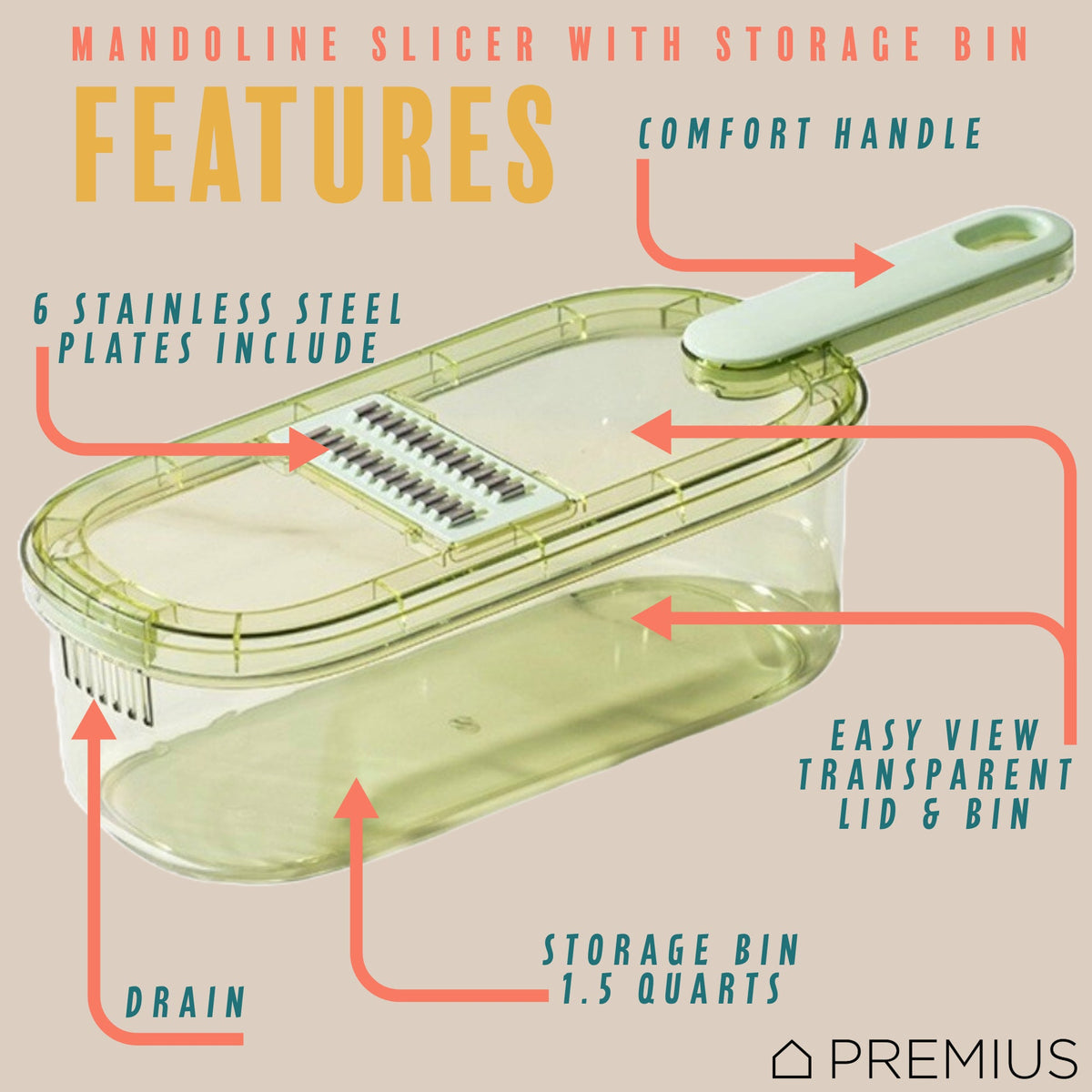 PREMIUS 6-In-1 Mandoline Slicer with Storage Bin and Handle, Green-Clear, 1.5 Quarts, photo 2 of 8