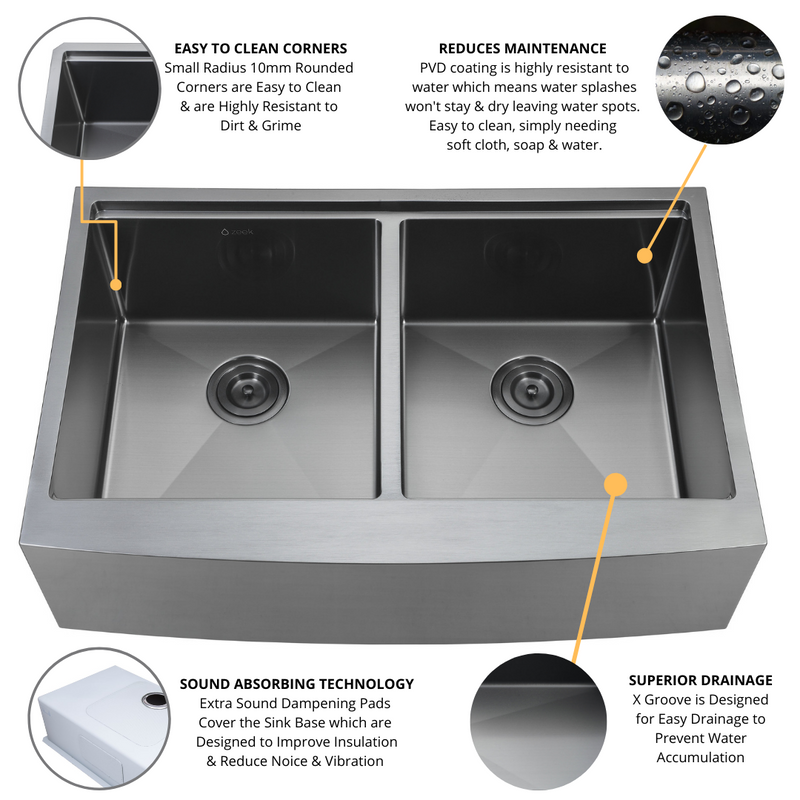 Zeek 33" Farmhouse Workstation Double Bowl Gunmetal Matte Black Kitchen Sink With Accessories PVD Nano Tech Coating ENZO ZA-B552