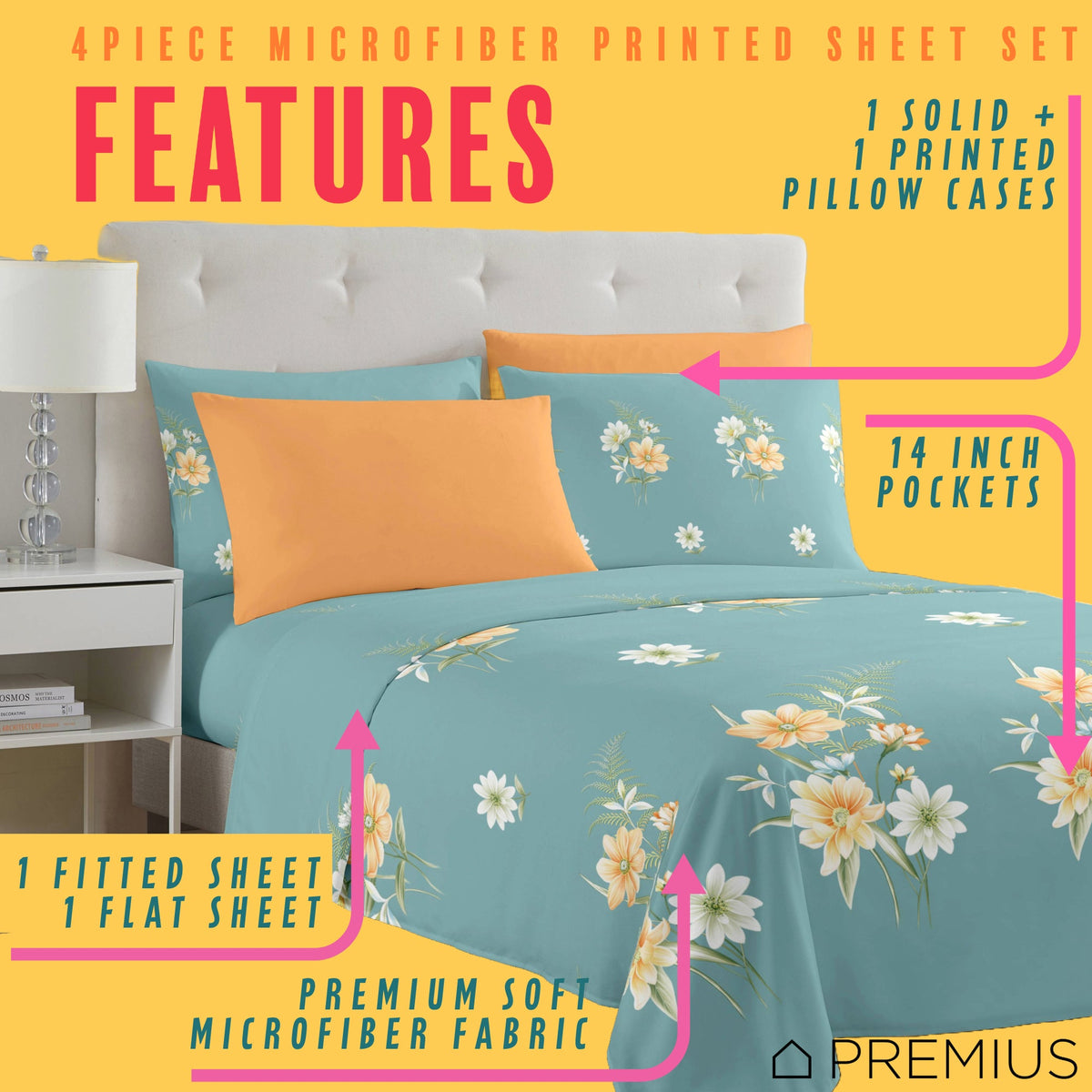 PREMIUS Lucea Soft Wrinkle-Free Microfiber Sheet Set, Soft Blue-Orange, photo 23 of 28