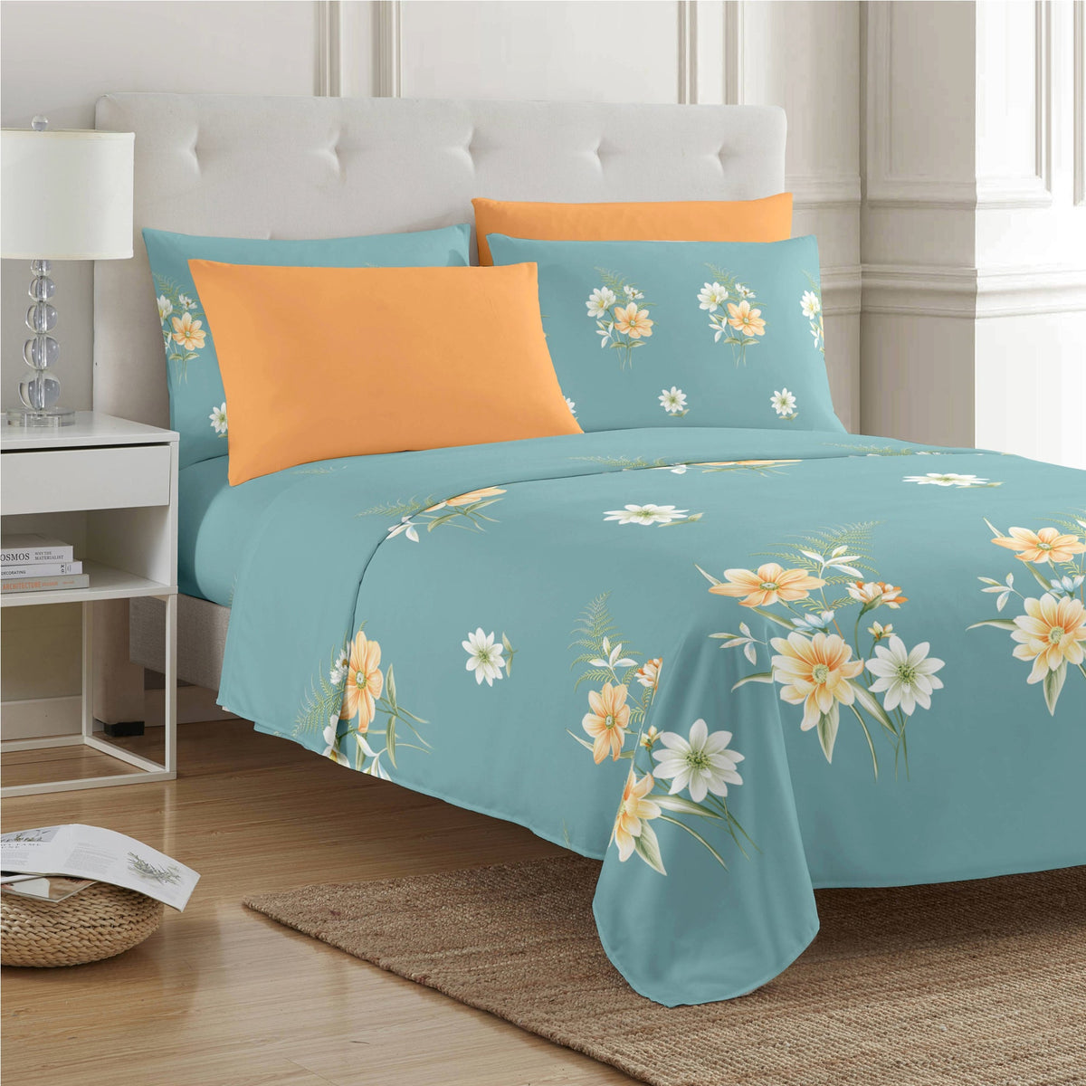 PREMIUS Lucea Soft Wrinkle-Free Microfiber Sheet Set, Soft Blue-Orange, photo 22 of 28