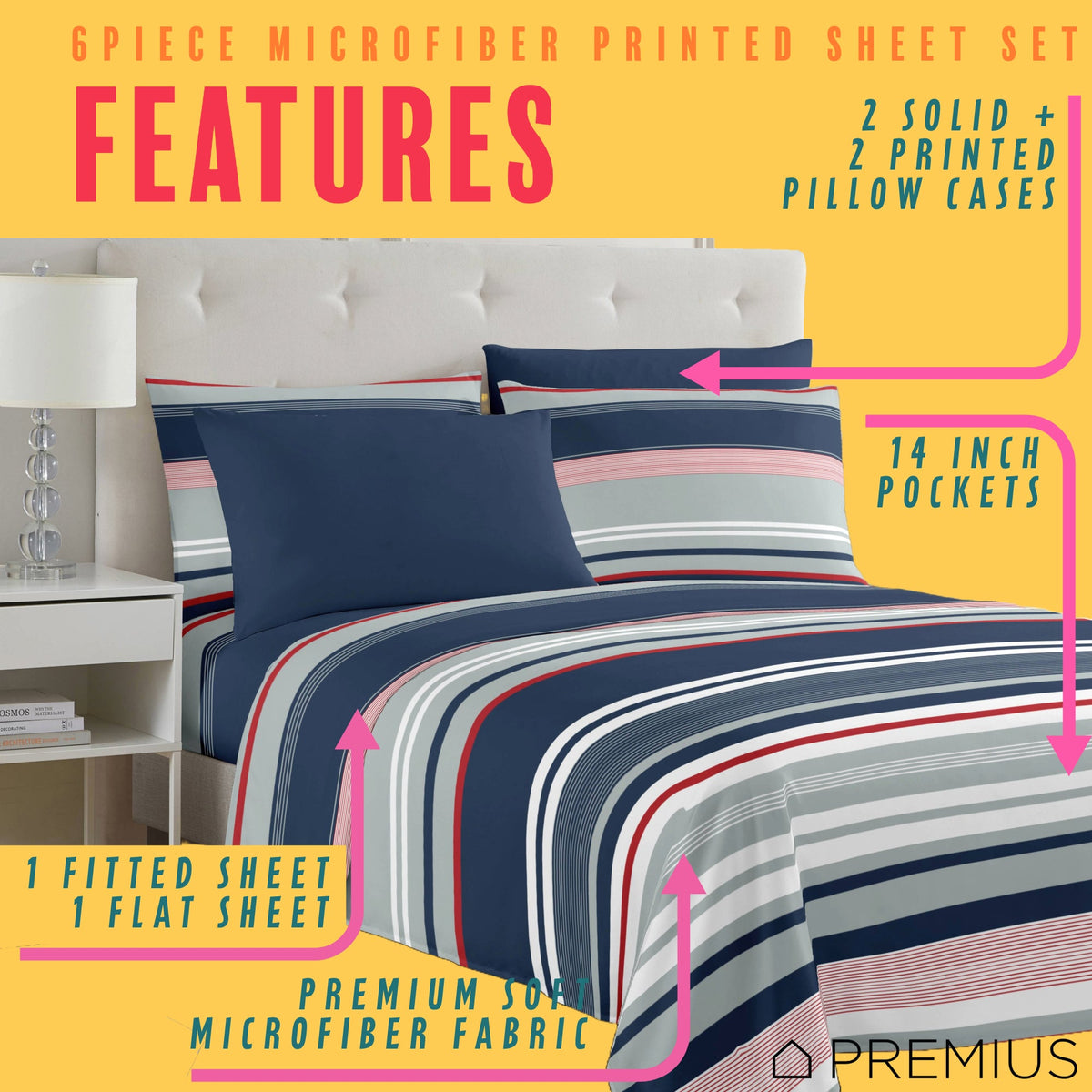 PREMIUS Mateo Soft Wrinkle-Free Microfiber Sheet Set, Blue-Multi-Striped, photo 9 of 28