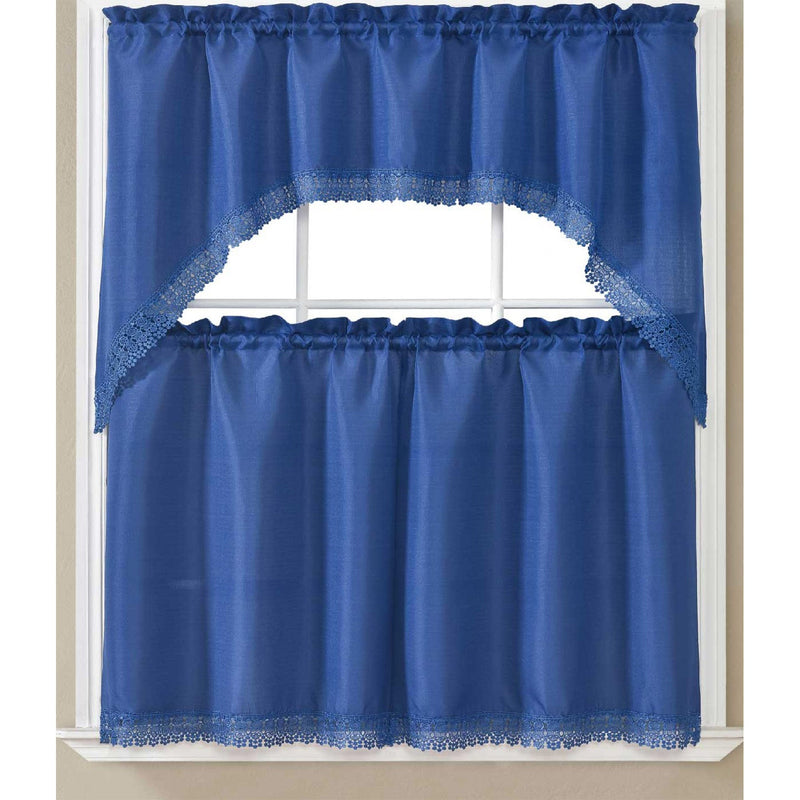 Maggie Kitchen Curtain Set with Macrame Fringes, Swag Valance 60x36, Tiers 30x36 Inches