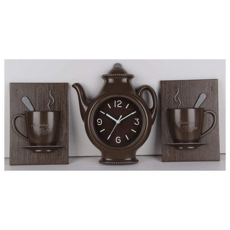 PREMIUS 3 Piece Coffee Wall Clock with Mugs Accent, Brown, 9x11 Inches