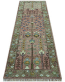 In stock 3x9 Tree of life Pink And Olive Hand Knotted Wool Rug