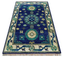 In Stock Khotan Design Blue And Beige Hand Knotted 4x6 Wool Rug by The Rug Decor