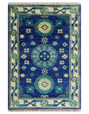 In Stock Khotan Design Blue And Beige Hand Knotted 4x6 Wool Rug by The Rug Decor