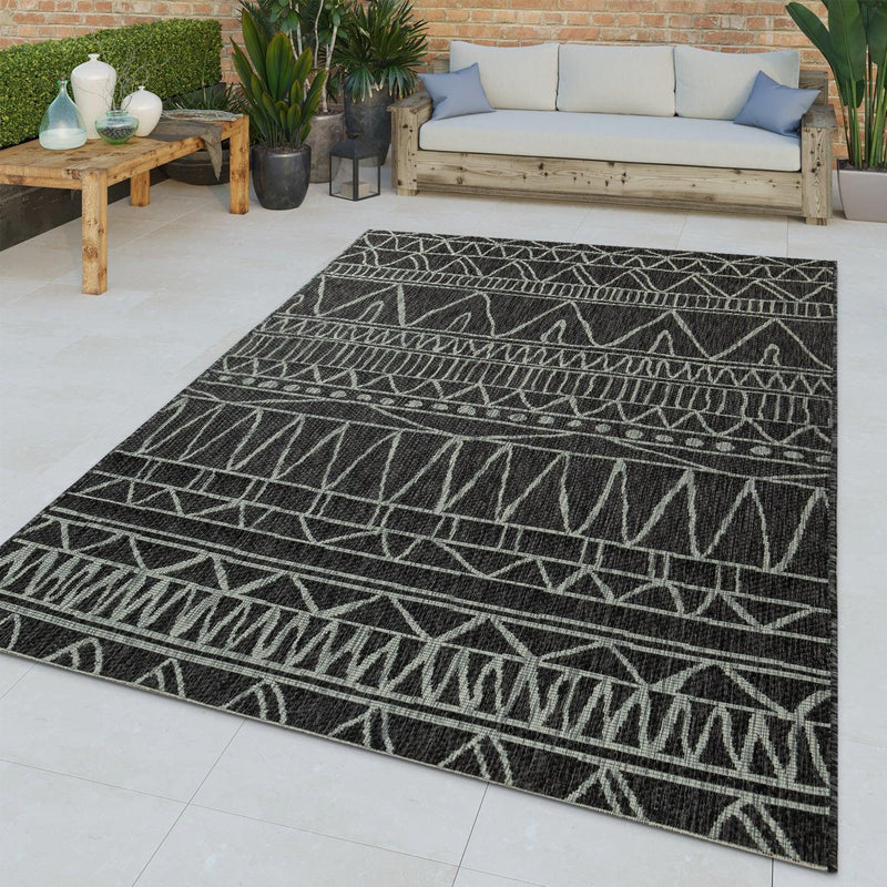 Outdoor Rug Illusion Modern Ethnic Pattern - Black Grey