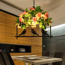 GobekUsa Iron Industrial Birdcage Island Pendant with Down Lighting and Rose Decoration - Black Finish