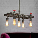 GobekUsa Black Finish Tubing Hanging Lamp: Antique Metal Dining Room Chandelier with Red Valve and 5-Bulb Lighting