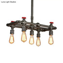 GobekUsa Black Finish Tubing Hanging Lamp: Antique Metal Dining Room Chandelier with Red Valve and 5-Bulb Lighting