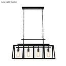 GobekUsa Rustic Clear Glass Island Pendant Light with Triangular Frame and 4 Black Hanging Lamps for Coffee Shop