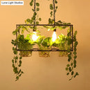 GobekUsa Iron Industrial 2-Head Black Island Pendant Light with Potted Plant - Rectangular Design
