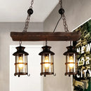 GobekUsa Industrial Lantern Pendant Light with Clear Glass, Wood Decoration, and Cage Design - 2/3 Lights - Black