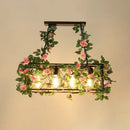 GobekUsa Industrial Black Metal Island Lamp with 4-Light Rectangle Design and Stylish Faux Plant Decor