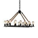 GobekUsa Modern 10/14 Lights Rectangle Hanging Lamp - Loft Style Black Metallic with Rope Island Lighting
