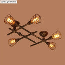 GobekUsa Industrial Intersecting Piping Ceiling Light - Iron Semi Flush Mounted with Cage Guard, Brass Finish (4/5/8 Heads)