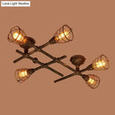 GobekUsa Industrial Intersecting Piping Ceiling Light - Iron Semi Flush Mounted with Cage Guard, Brass Finish (4/5/8 Heads)