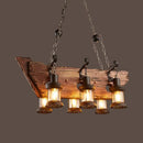 GobekUsa Industrial Brown Lantern Island Pendant Light with Clear Glass and Wood - 6-Light Fixture