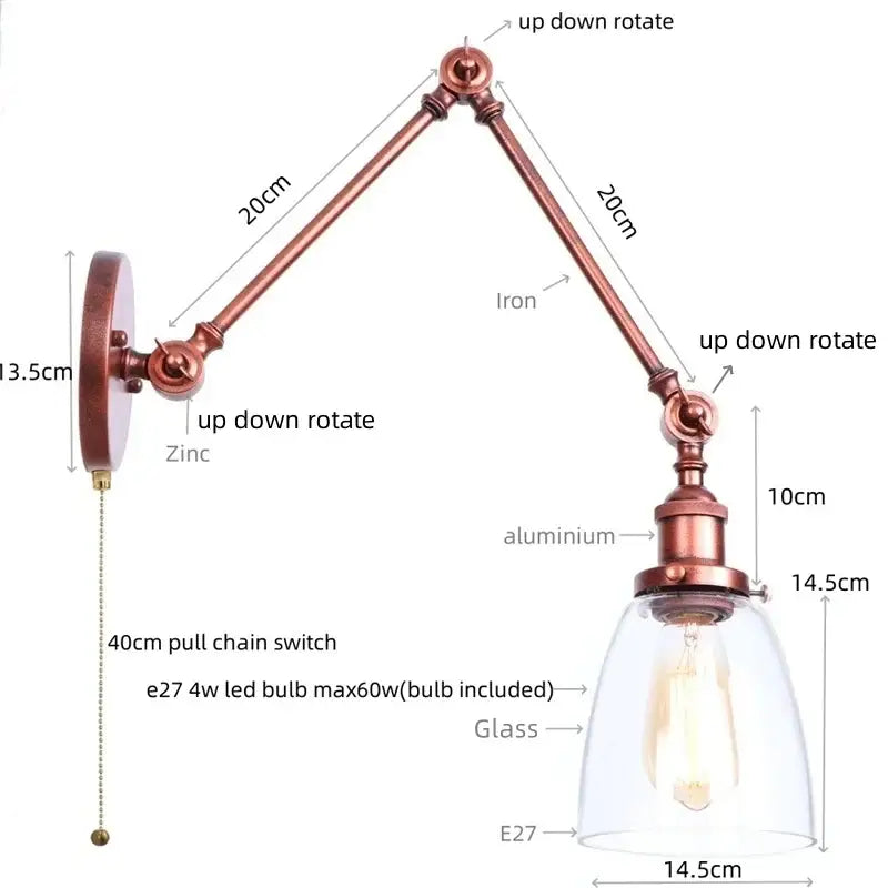 GobekUsa Adjustable Glass Swing Arm LED Wall Sconce with Pull Chain Switch, photo 22 of 22