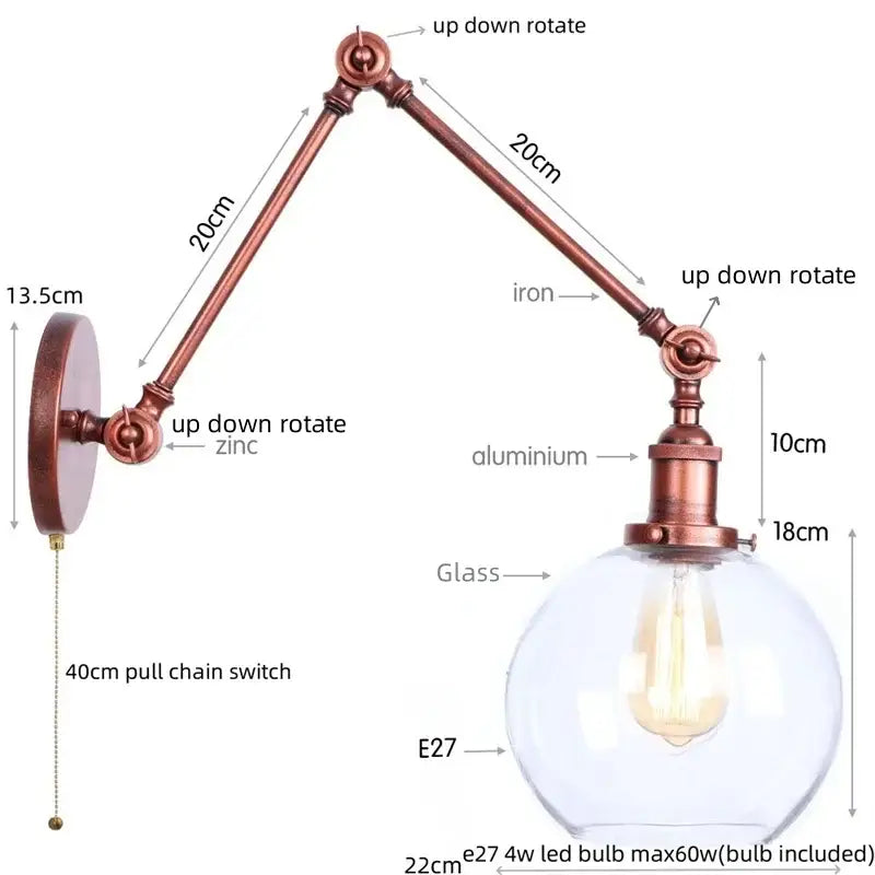 GobekUsa Adjustable Glass Swing Arm LED Wall Sconce with Pull Chain Switch, photo 12 of 22