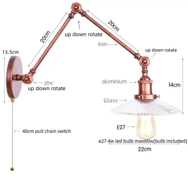 GobekUsa Adjustable Glass Swing Arm LED Wall Sconce with Pull Chain Switch, photo 6 of 22