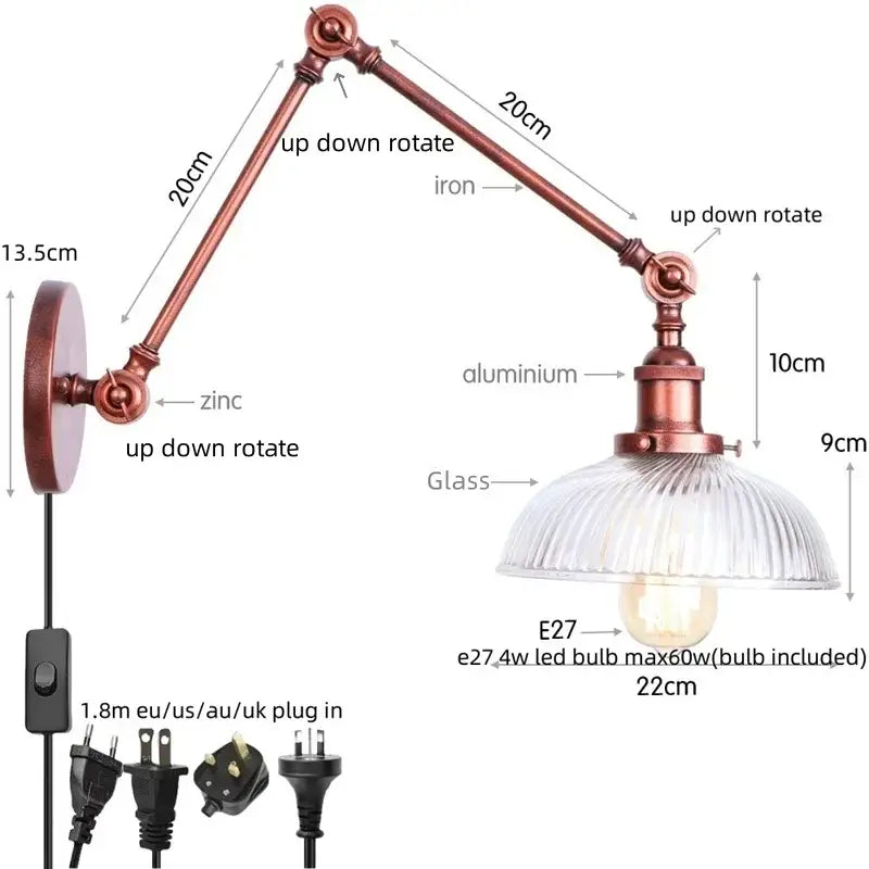 GobekUsa Adjustable Glass Swing Arm LED Wall Sconce with Pull Chain Switch, photo 14 of 22